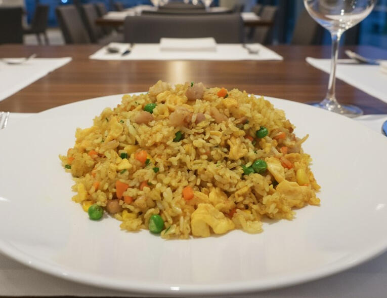Curry fried rice with chicken, egg, peas, corn and carrots, seasoned with fragrant curry spices.