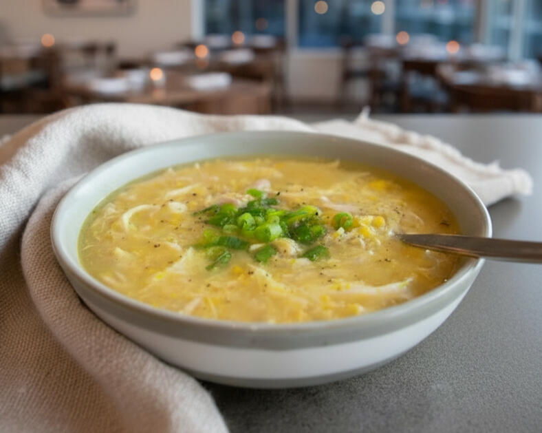 Bowl of chicken and sweet corn soup.