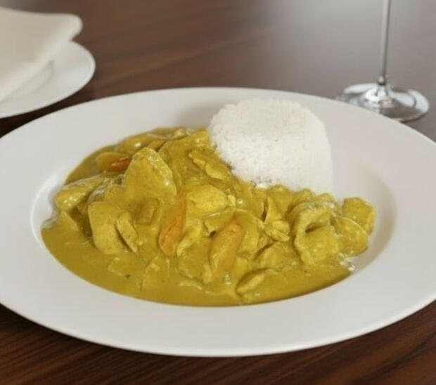 Yellow chicken curry served with rice, featuring chicken pieces, potatoes, carrots and onions in a coconut-rich yellow curry sauce.