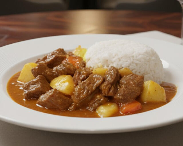 Massaman beef curry with rice, cooked with potatoes, carrots and onions in a traditional royal-style Massaman curry paste and coconut milk.