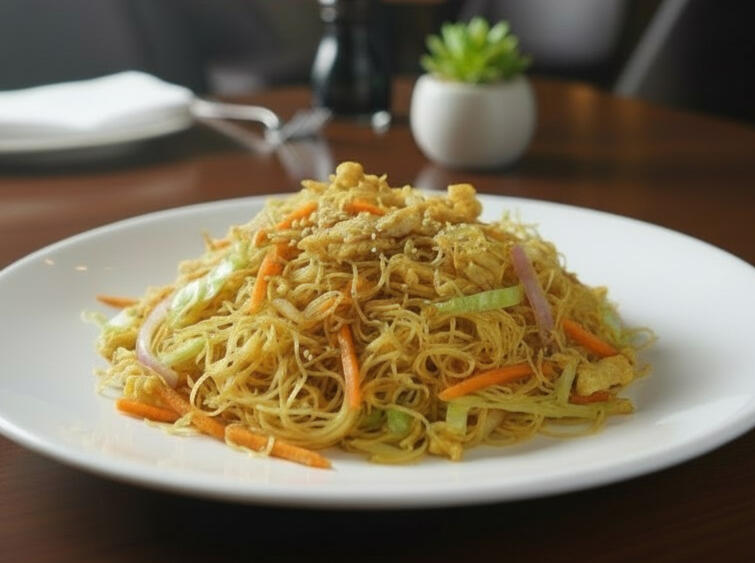 Heaped plate of Singapore noodles with curried chicken, egg, vermicelli noodles and mixed vegetables, stir-fried in aromatic curry spices.