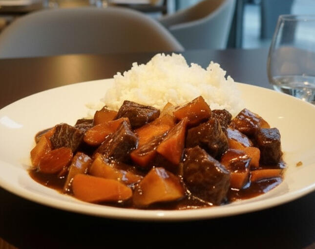 Tender slow-cooked beef served with rice, simmered in a traditional sauce with potatoes and carrots.